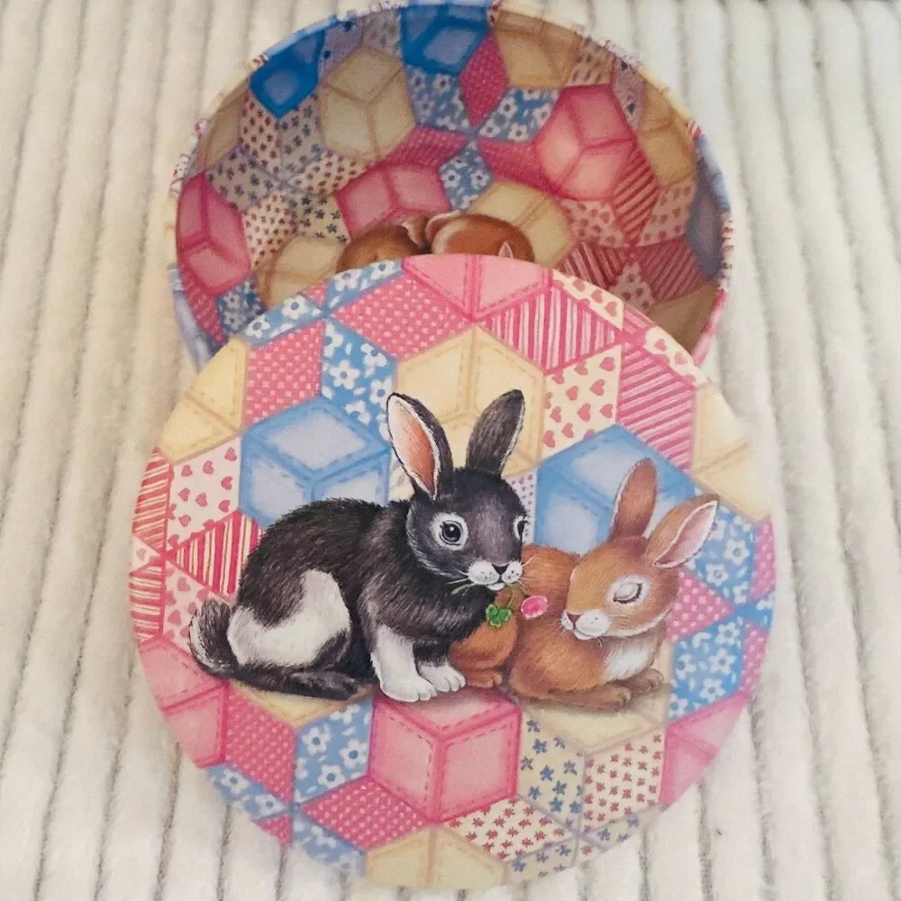 Vintage Decorative Tin with Quilted print and  Bunny Rabbits